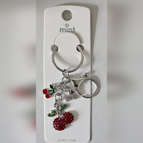 Mint Accessories - Mint Rhinestone Cherries Bag Charm Keychain w/ Silver Tone Hardware